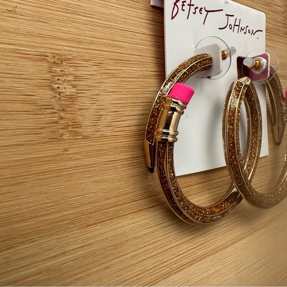 Betsey Johnson Book Smart Gold Tone Glitter Enamel Pencil Hoop Earrings NWT - Picture 3 of 5